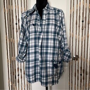 Tantrums Pullover Collared Plaid Embroidered Flannel Shirt Womens Blue White XL